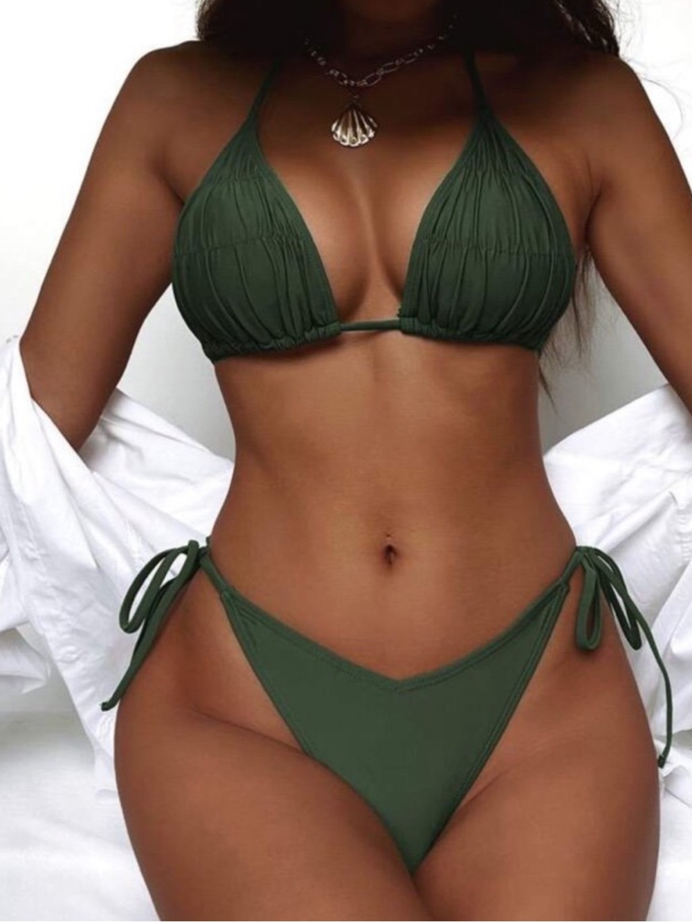 SHEIN Dark Olive Gathered Triangle Tie-Side Bikini